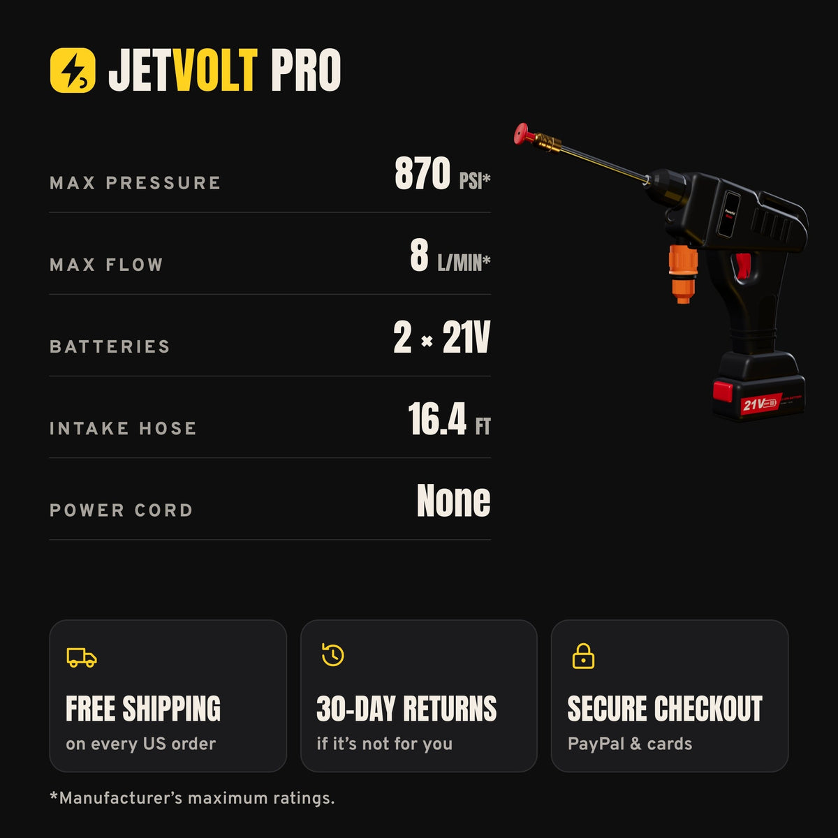 JETVOLT PRO — Cordless Pressure Washer Kit with 2 Batteries & Foam Cannon