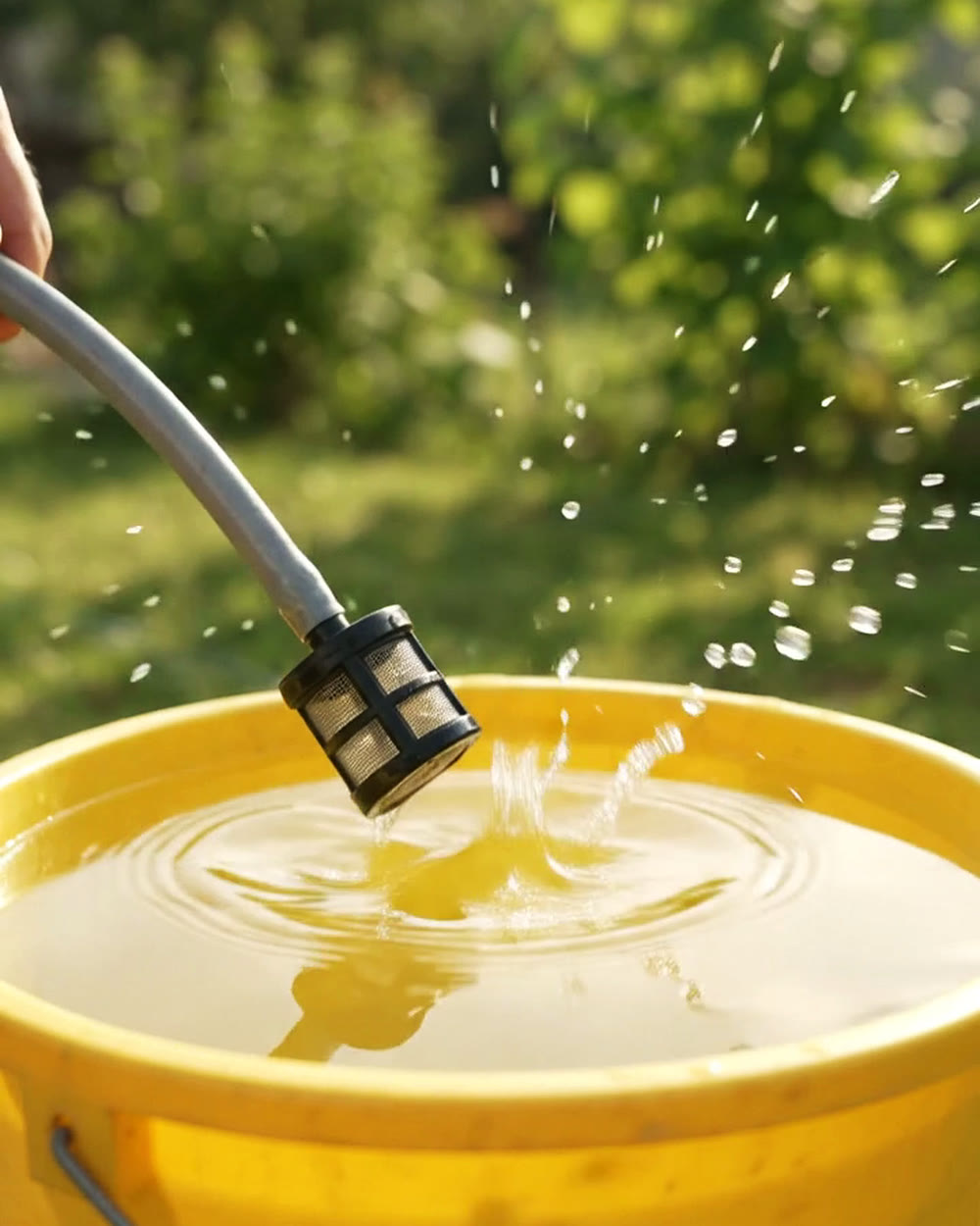 Intake hose with filter dropped into a bucket of water
