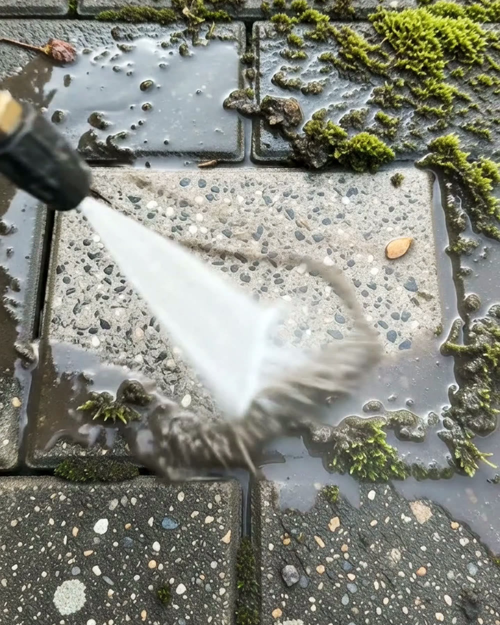 Pressure washer jet cleaning moss off patio pavers