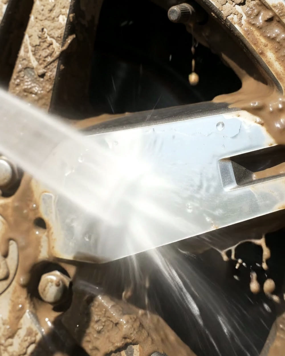 Pressure washer jet cleaning mud off a car wheel